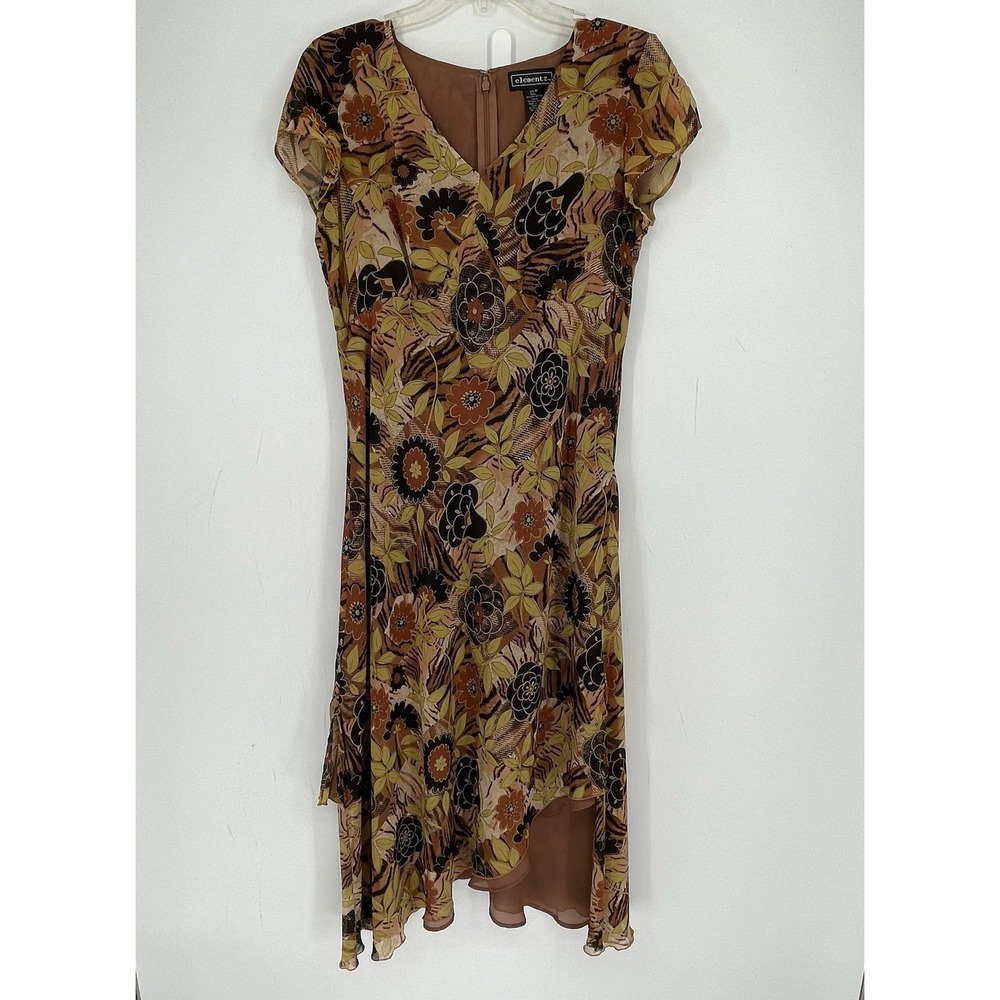 Elementz Women's Vintage Brown Floral Animal Print Asymmetrical Midi Dress Sz M